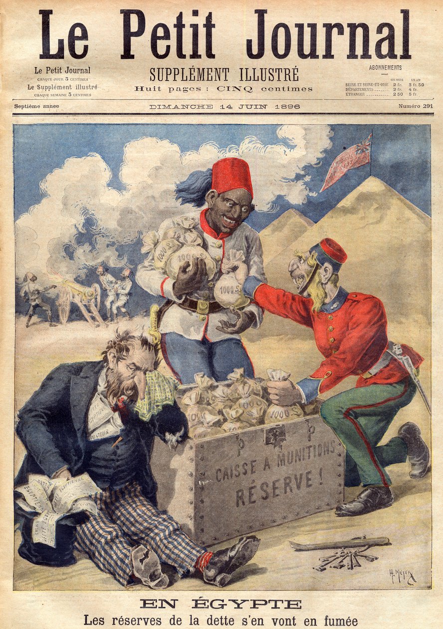 A Inglaterra a colocar a mão nas reservas da dívida egípcia para financiar uma operação militar em junho de 1896 - ilustração do "Le Petit Journal". de French School