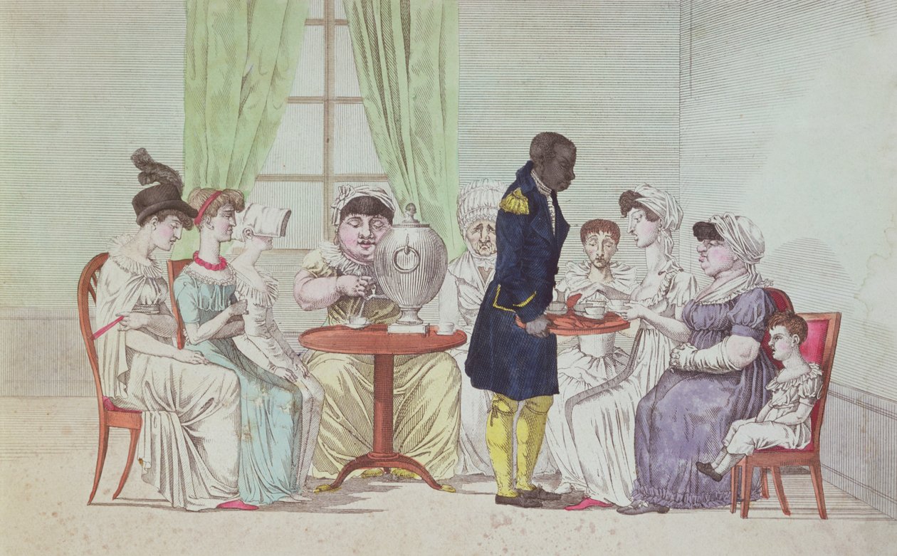 Mulheres inglesas que bebem o chá após o jantar de French School