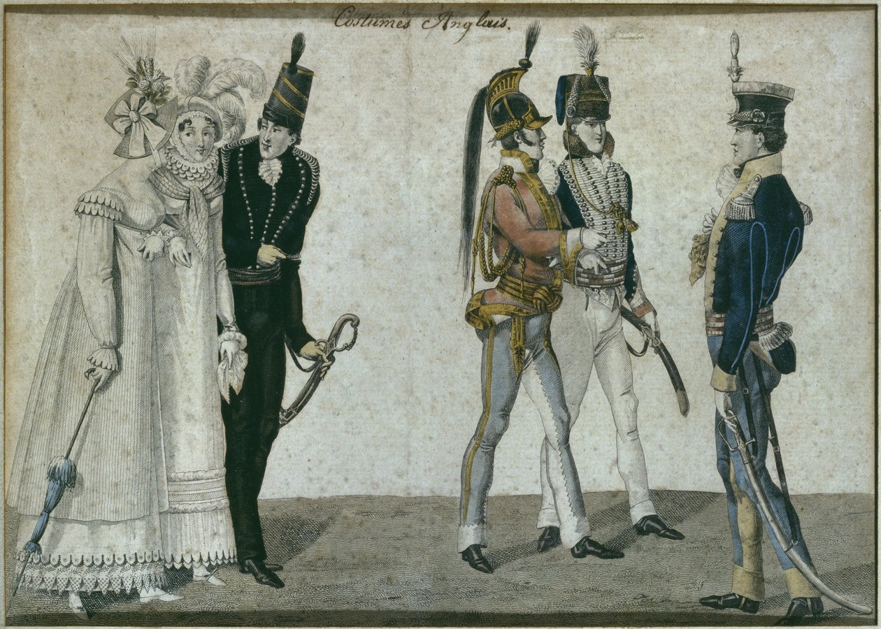 Trajes ingleses, ilustração de Le Bon Genre, início do século XIX (gravura a cores) de French School