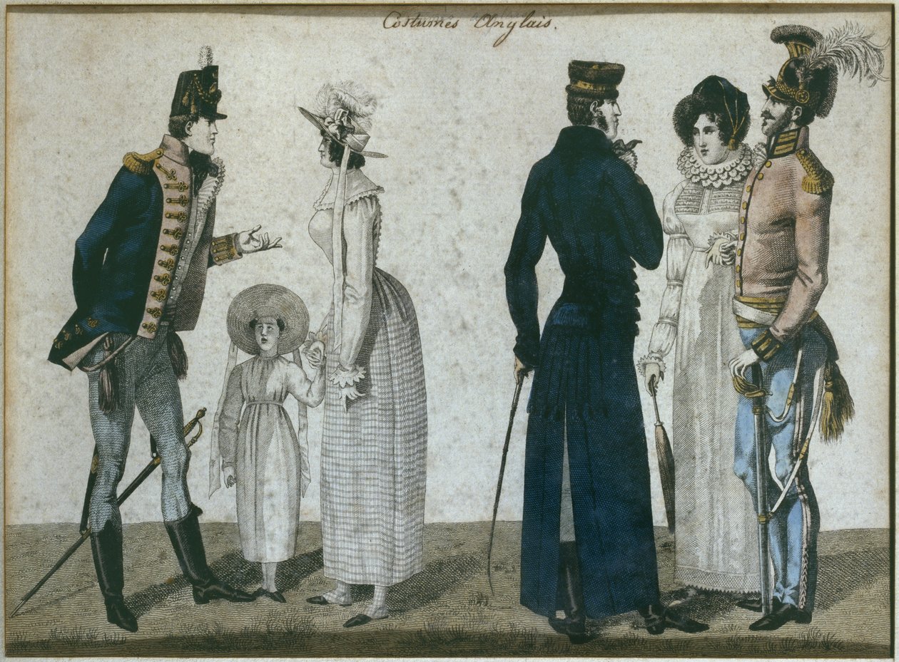 Trajes ingleses, ilustração de Le Bon Genre, início do século XIX (gravura a cores) de French School