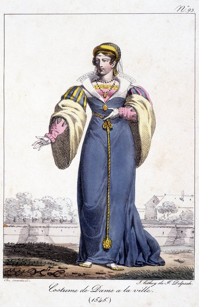 Gravura, fato de senhora na cidade por volta de 1545. de French School