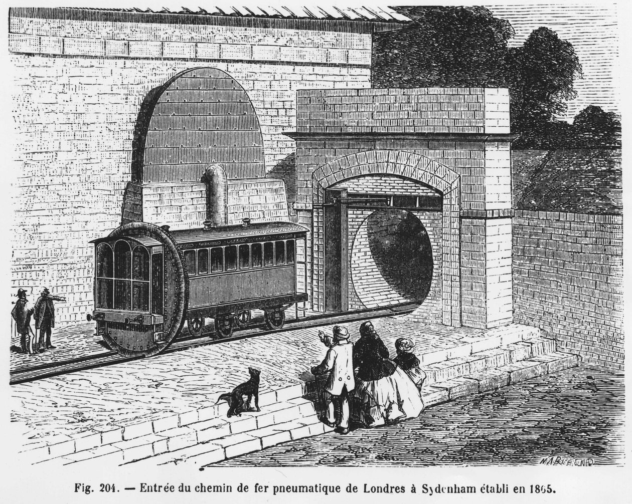 Entrada da ferrovia pneumática de Londres a Sydenham, estabelecida em 1865 - em "The Wonders of Science", de L. Figuier. ¿ de French School
