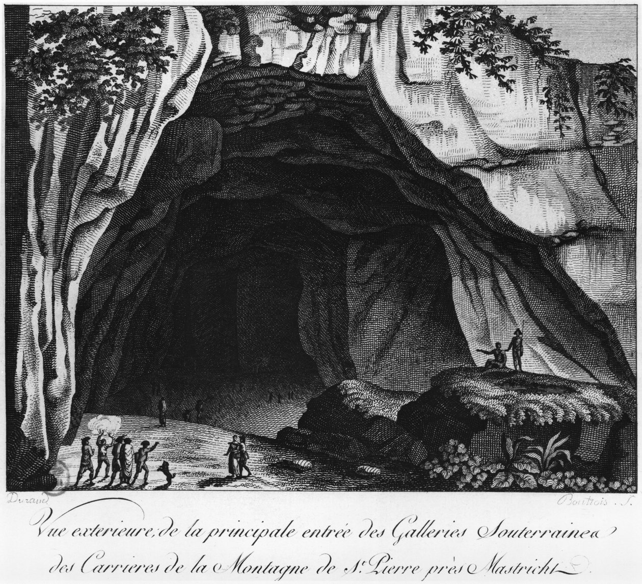 Entrada das pedreiras subterrâneas, ilustração da história natural da montanha de Saint-Pierre em Maastricht por Barthelemy Faujas de Saint Fond (1743-1819) 1799 de French School