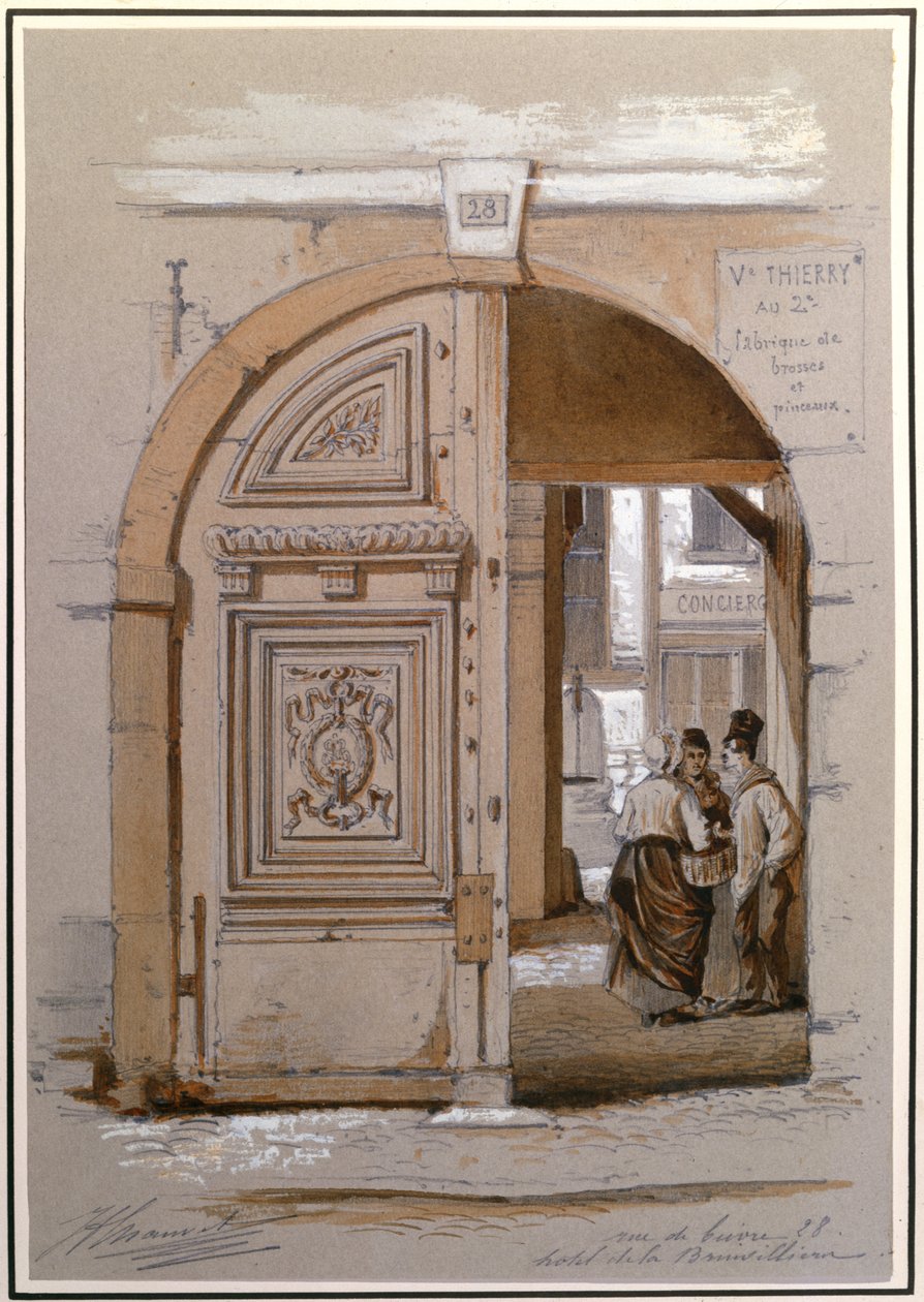 Entrada para o Hotel da Marquesa de Brinvilliers, 28 rue de Bievre, Paris (giz e guache sobre papel) de French School