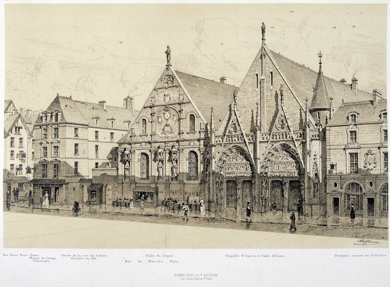 Entrada do Hotel-Dieu (Hotel Dieu), rue du Marche Palu, em 1590 - em "Paris a travers les ages", finais do século XIX de French School