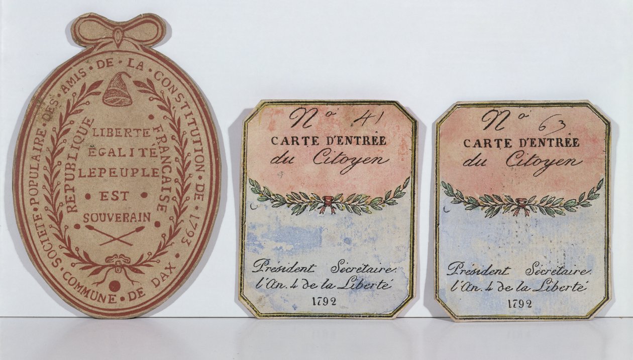 Cartões de entrada para a Sociedade dos Amigos da Constituição em Dax, 1792 e 1793 (impresso) de French School