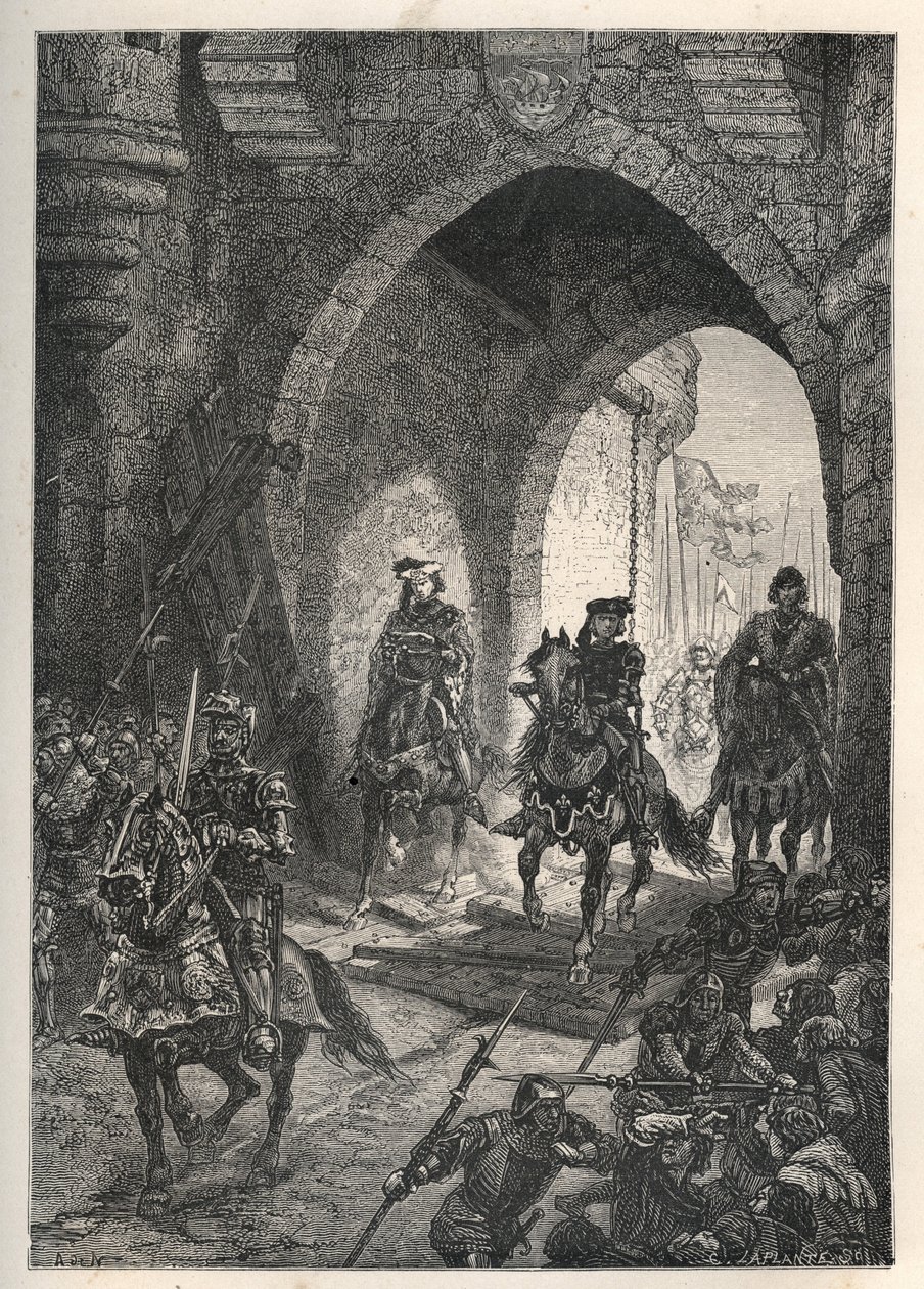 Entrada de Carlos VI o Bem-Amado (1368-1422), rei de França, em Paris, após o esmagamento da revolta dos Maillotins, em 1382 - Rei francês Charles Vi regressa a Paris - Entrada de Carlos VI le Bien-Aime (1368-1422), rei de França, em Paris, após o de French School