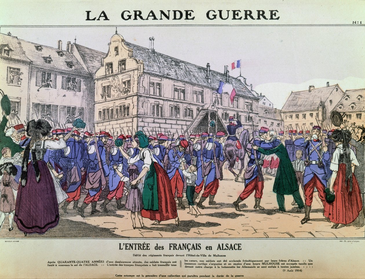 Entrada do Exército Francês em Mulhouse, Alsácia, 9 de Agosto de 1914 (cor litho) de French School