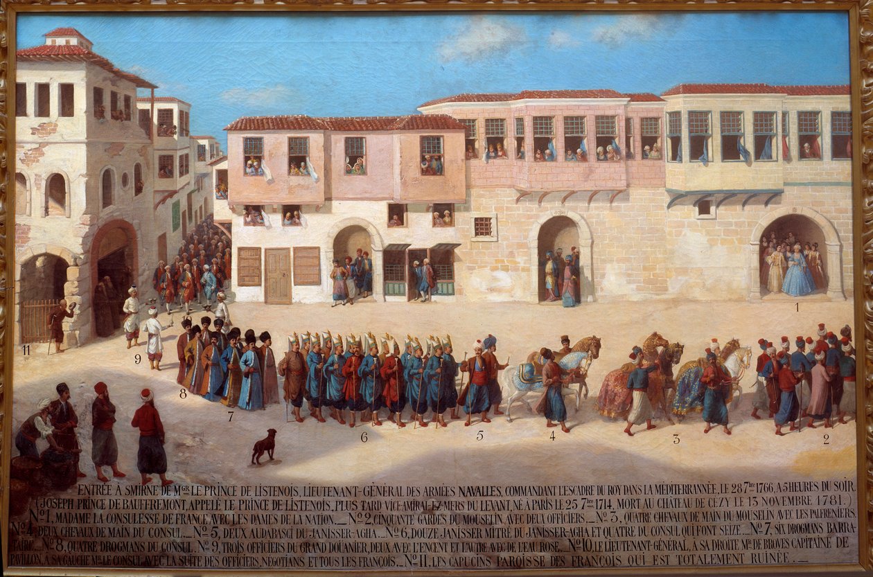 Entrada para Smyrne pelo Almirante Joseph de Bauffremont (1714-1781), Príncipe dos Ouvintes 28/09/1766 Pintura da escola francesa. Paris do século XIX, musee de la Marine - Entrada em Smyrna do Almirante Joseph de Bauffremont (1714-1781), Príncipe dos Ouvi de French School