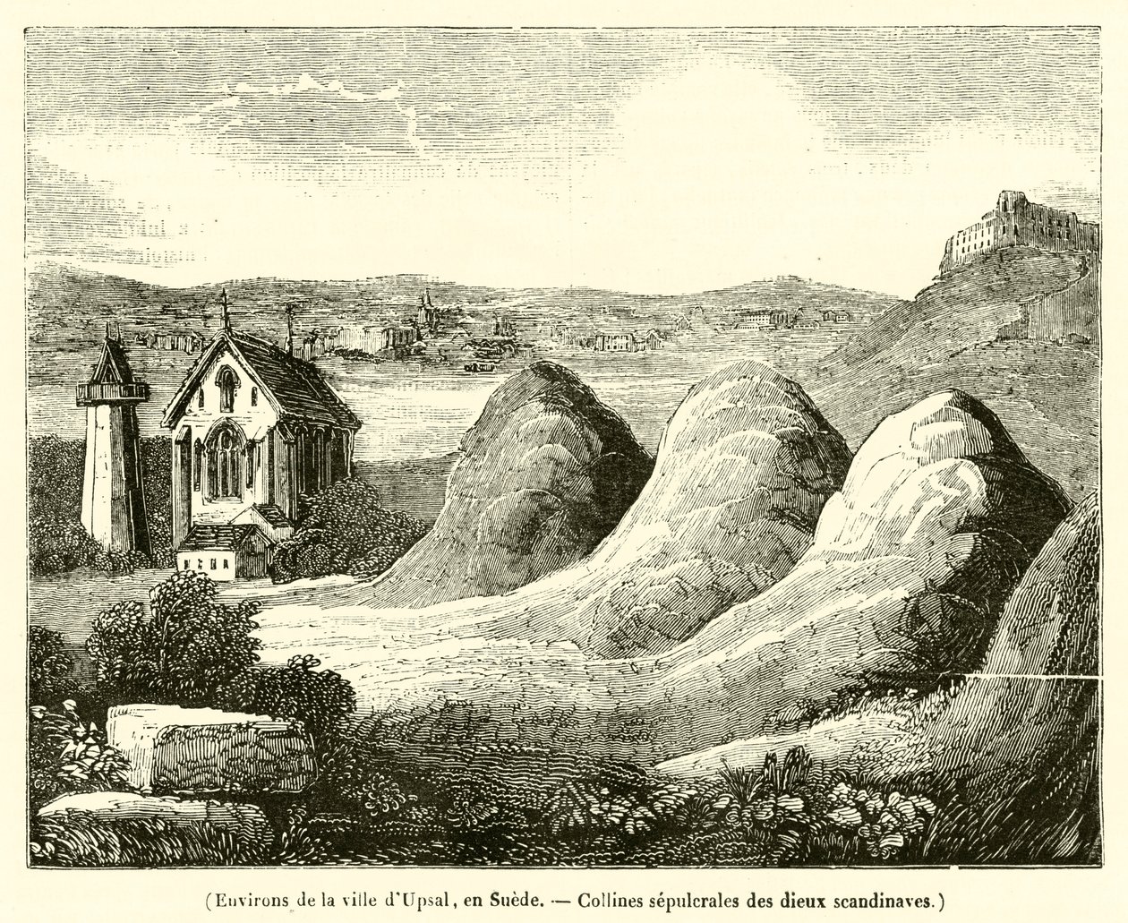 Arredores da cidade de Upsal, Suécia, Colinas sepulcrais dos deuses escandinavos (gravura) de French School