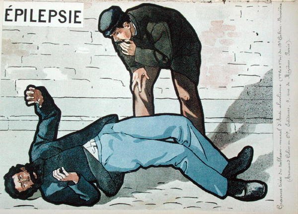 "Ataque epiléptico causado por alcoolismo agudo", do quadro de parede do Dr. Galtier-Boissiere sobre os perigos do alcoolismo, no final do século XIX (cor litho) de French School