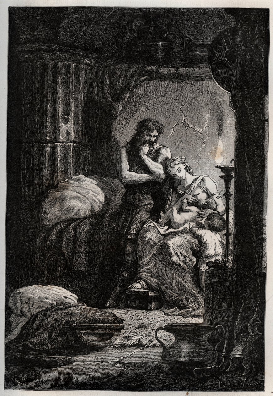 Eponine e seu marido Julius Sabinus (falecido em 78 d.C.) vivendo clandestinamente em uma caverna para escapar do imperador Vespasiano (9-79) - Sabinus e sua esposa Eponine, escondidos em uma caverna - gravura de "L