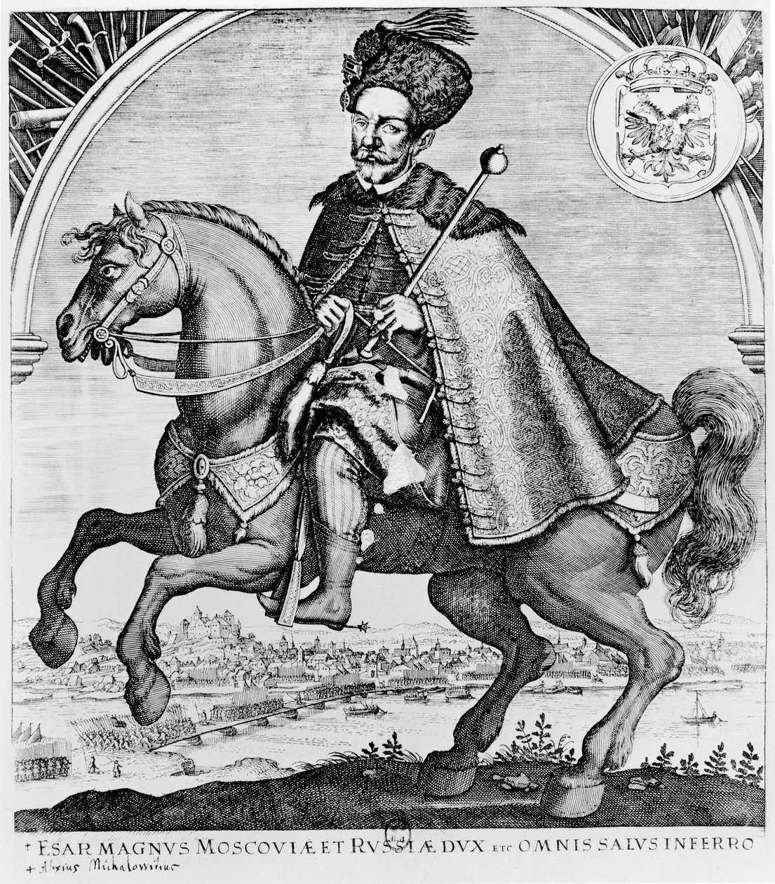 Retrato equestre de Aleksey Mikhailovich, Czar da Rússia (gravura) de French School