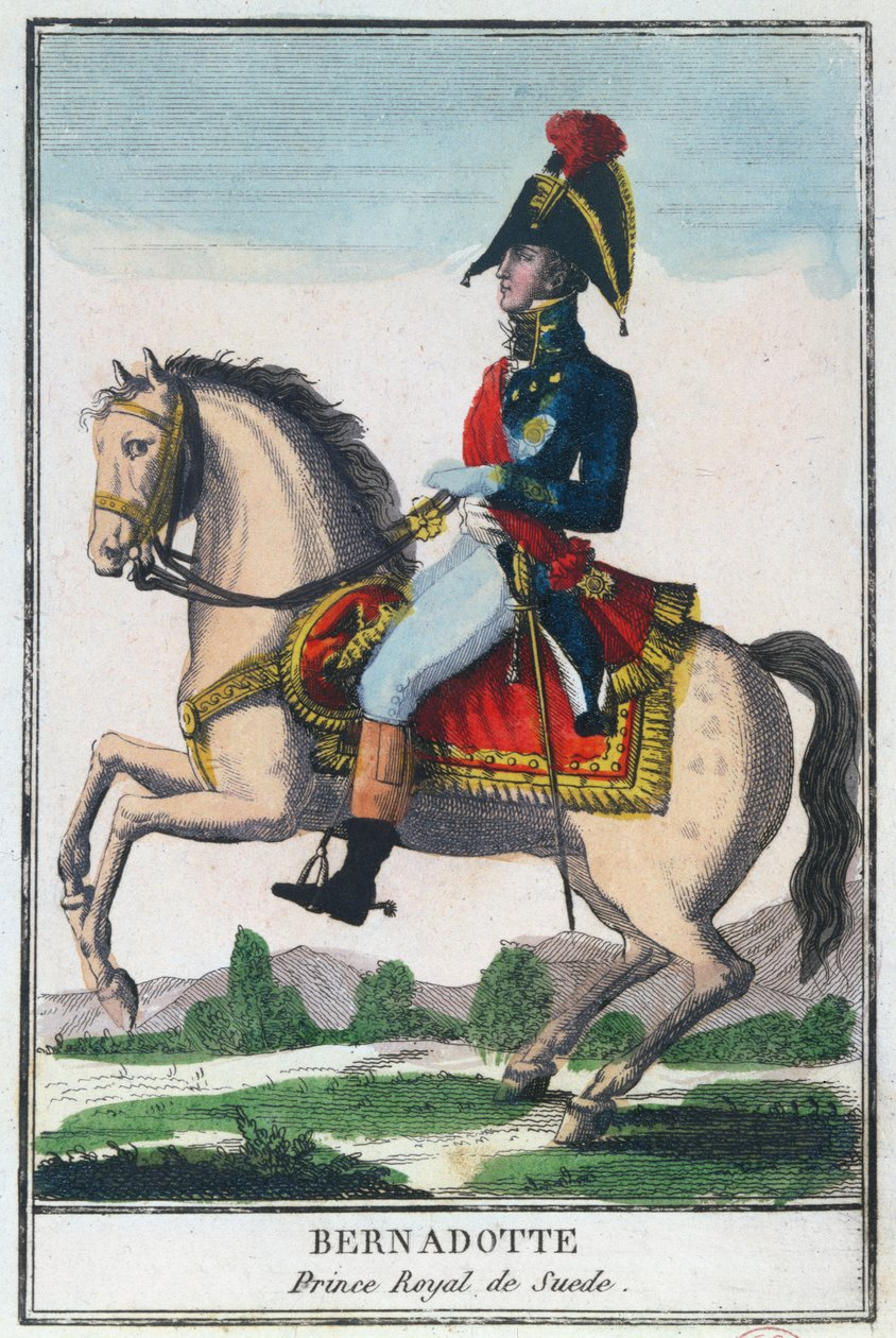 Retrato equestre de Charles Jean Baptiste Bernadotte (1763-1844), início do século XIX (gravura a cores) de French School