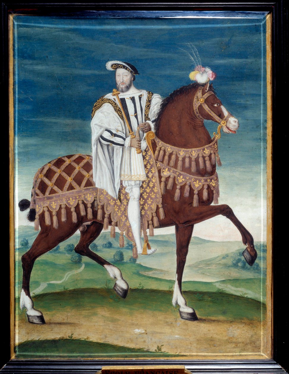 Retrato equestre de François I (1494-1547), Rei da França Pintura anónima da escola francesa. Século XVI. Dim. 0,27x0,205 m. Musee Conde, Chantilly - Retrato equestre de François I (1494-1547), Rei de França anónimo. Pintura dos franceses de French School