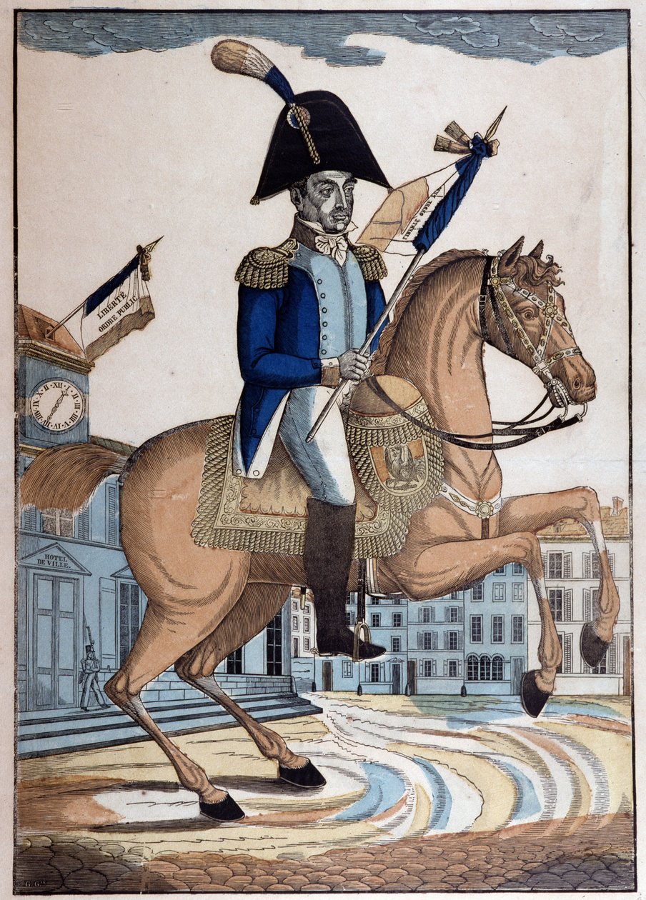 Retrato equestre do General Marie Joseph Gilbert Motie Motier, Marquês de Lafayette (1757-1834) (La Fayette), Comandante-em-Chefe da Guarda Nacional da França de French School