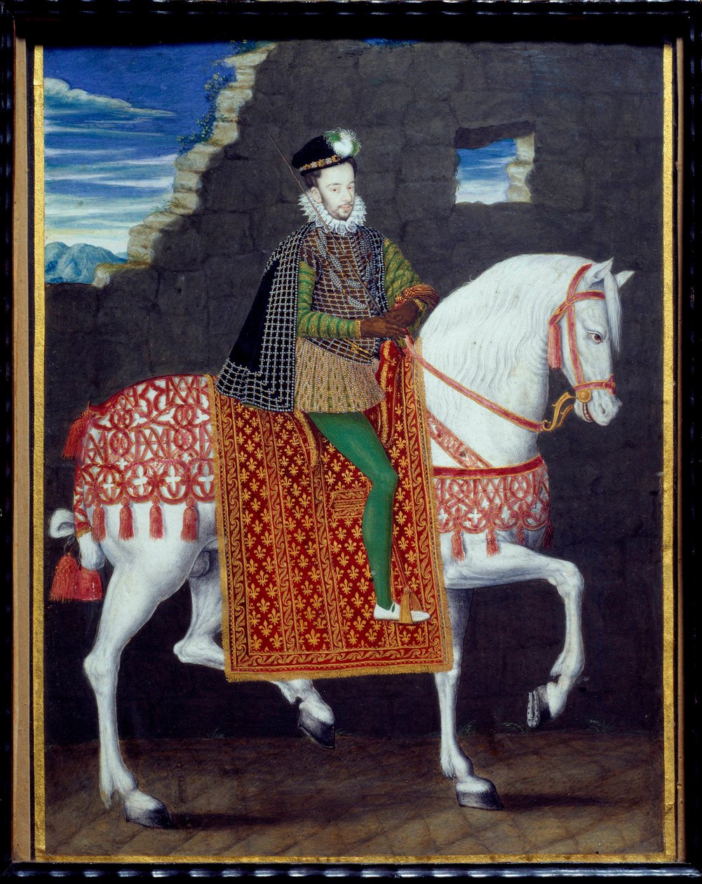 Retrato equestre de Henrique III, Rei da França (1551-1589) Pintura anónima na guache. Sol do século XVI. 0,27x0,2 m. Chantilly, Museu Conde de French School
