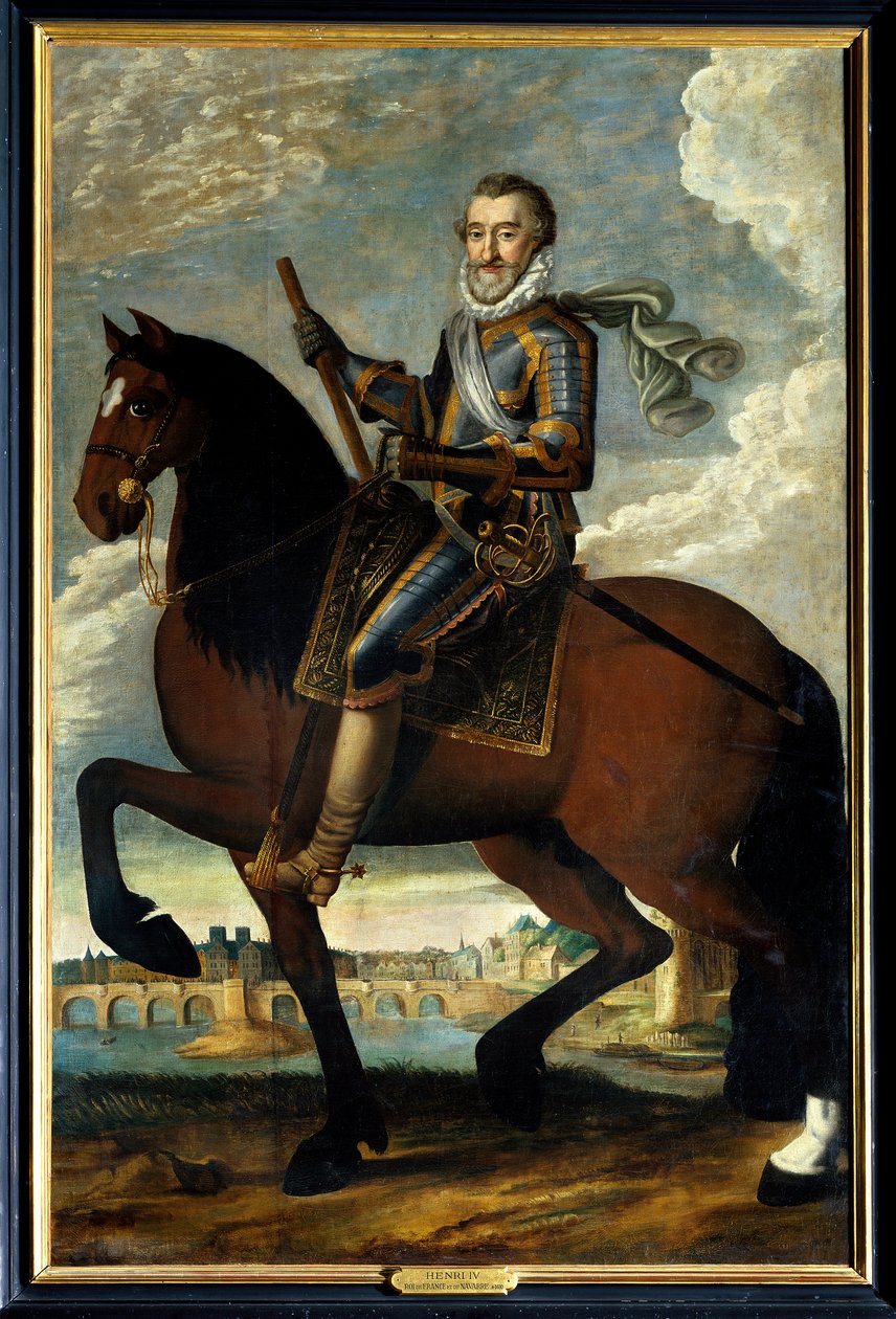 Retrato equestre de Henrique IV (1553-1610) rei da França em frente à Pont Neuf em Paris. Pintura anónima do século XVII. Óleo sobre tela. Menção obrigatória: Sully sur Loire, Chateau de Sully de French School