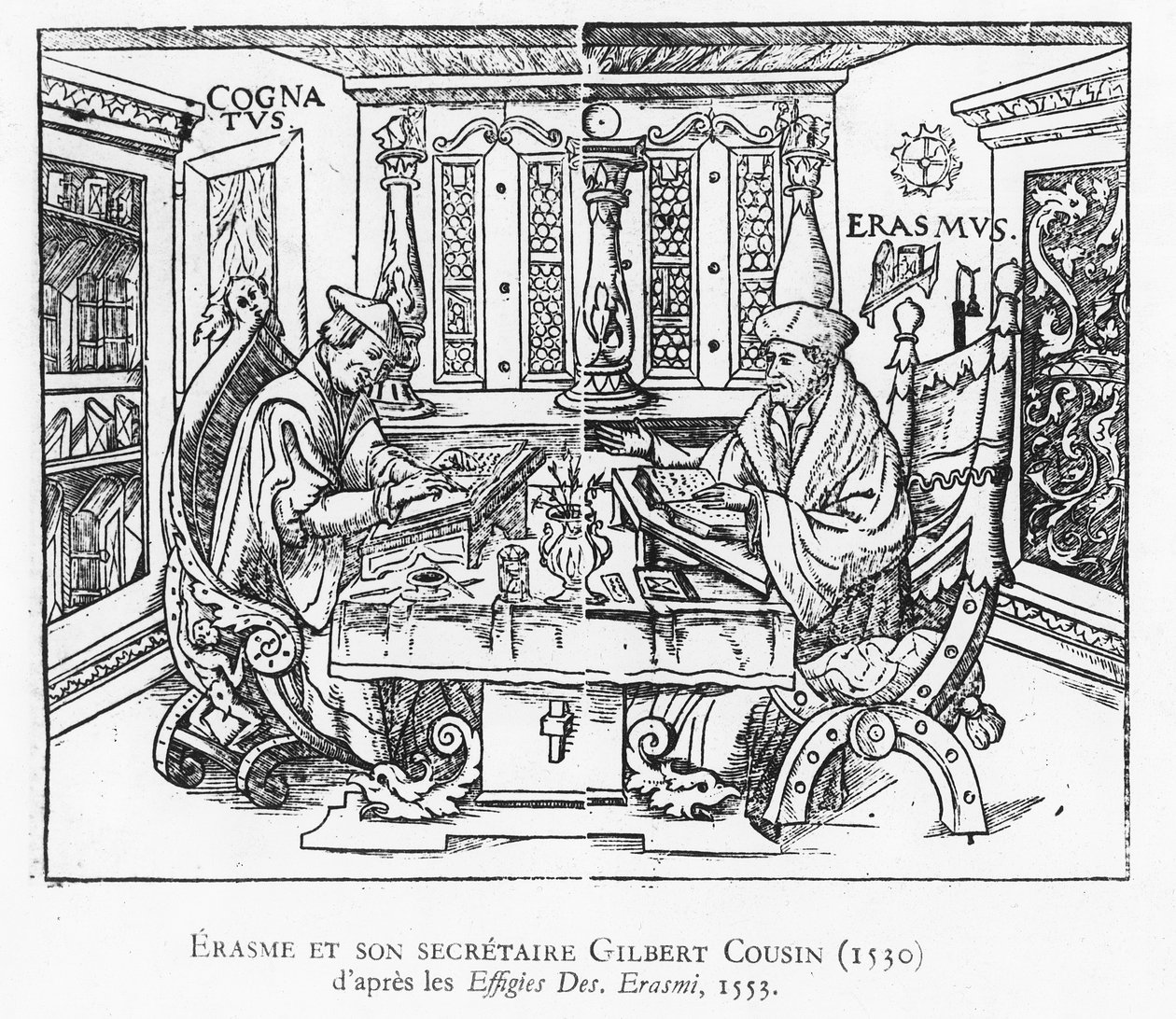 Erasmus e seu secretário Gilbert Cousin (xilogravura) de French School