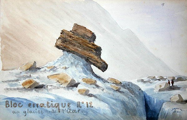 Bloco Errático nº 12 no Glaciar Aar nos Alpes suíços (aguarela sobre papel) de French School