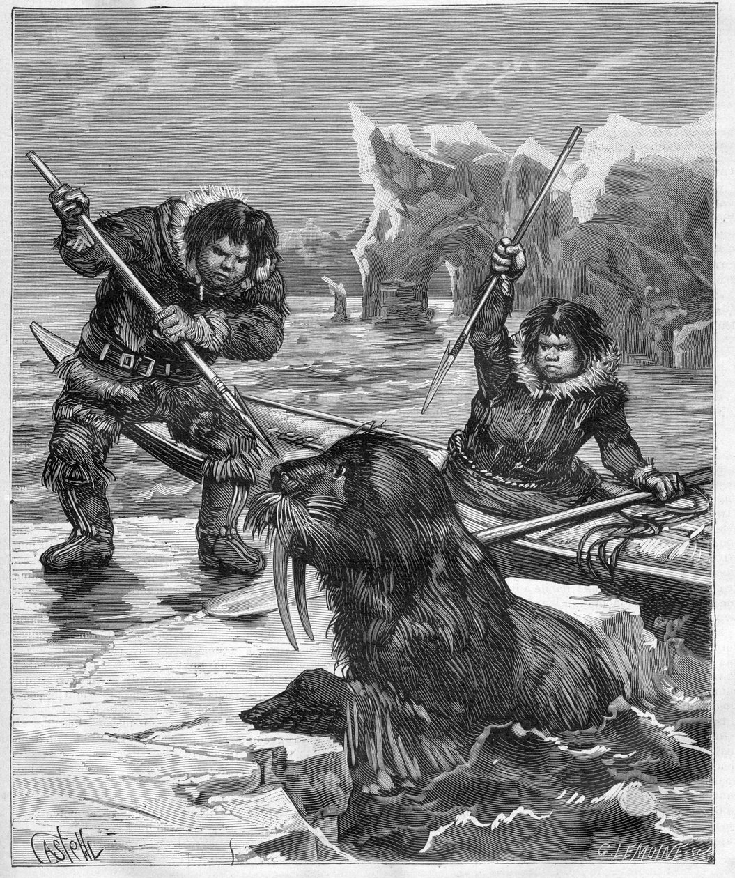 Esquimós - morsa de pesca - Esquimós - pesca da morsa em 1888 - - Gravura no "Journal des Voyages" 1888 de French School