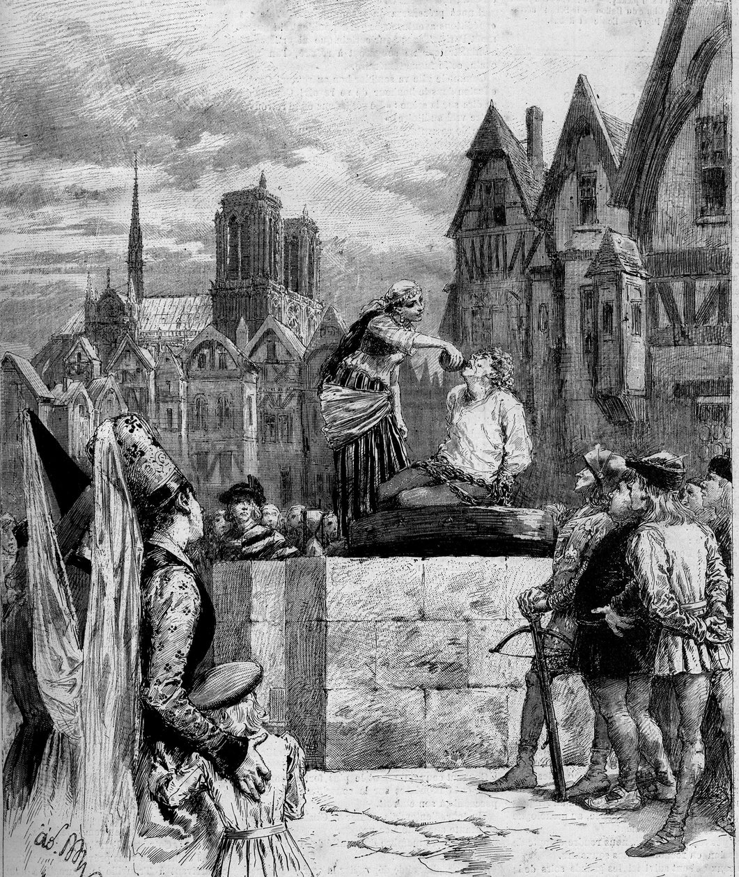 Esmeralda a dar uma bebida em Quasimodo, na Place de Greve. Ilustração de "Notre Dame de Paris" de Victor Hugo (1802-1885). Gravura a partir de 1879. de French School