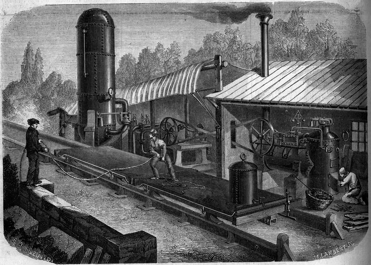 Ensaio de um trem de escorregamento hidráulico inventado pelo engenheiro Louis Dominique Girard (1815-1871) em La Jonchere, Vendee (45) de French School