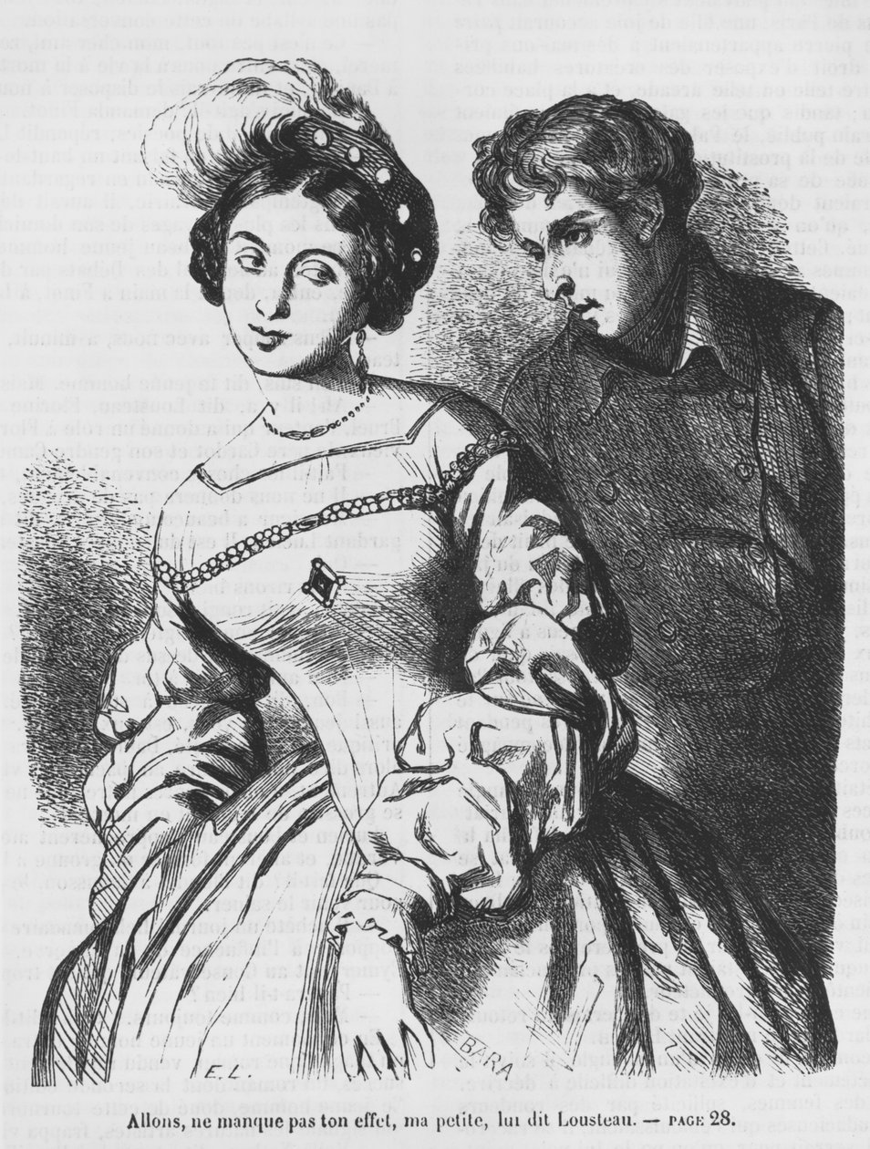 Etienne Lousteau falando com uma atriz, ilustração de &39;Les Illusions perdues&39; por Honore de Balzac de French School