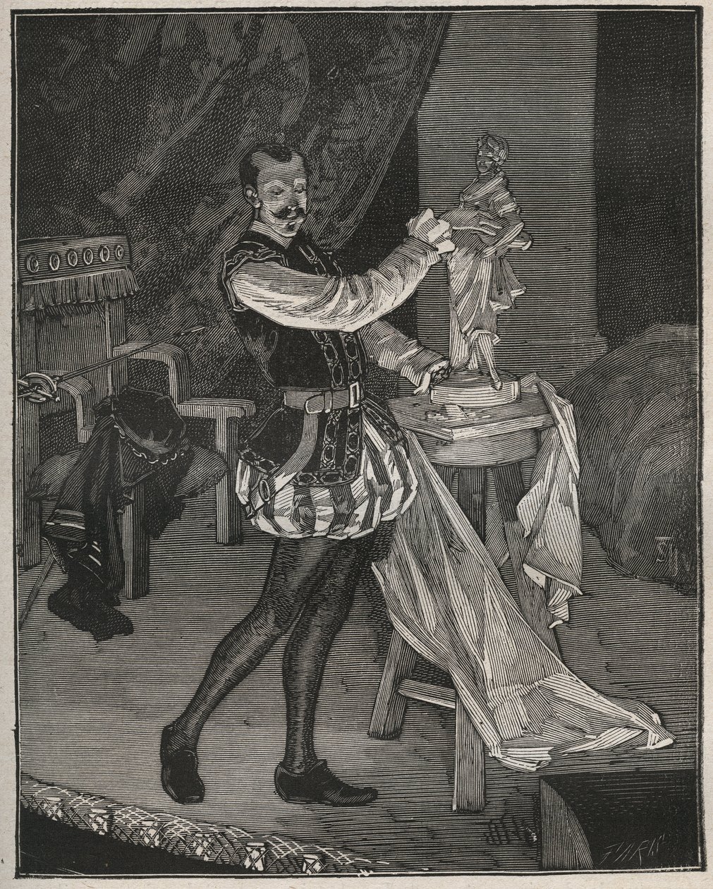 Etienne Marin Melingue (1808-1875), ator francês interpretando o escultor Benvenuto Cellini em "Ascanio" de Alexandre Dumas pere, adaptado para o palco por Paul Meurice. Gravura de 1880 em "Les arts et metiers illustres", de Adolphe BITARD. de French School