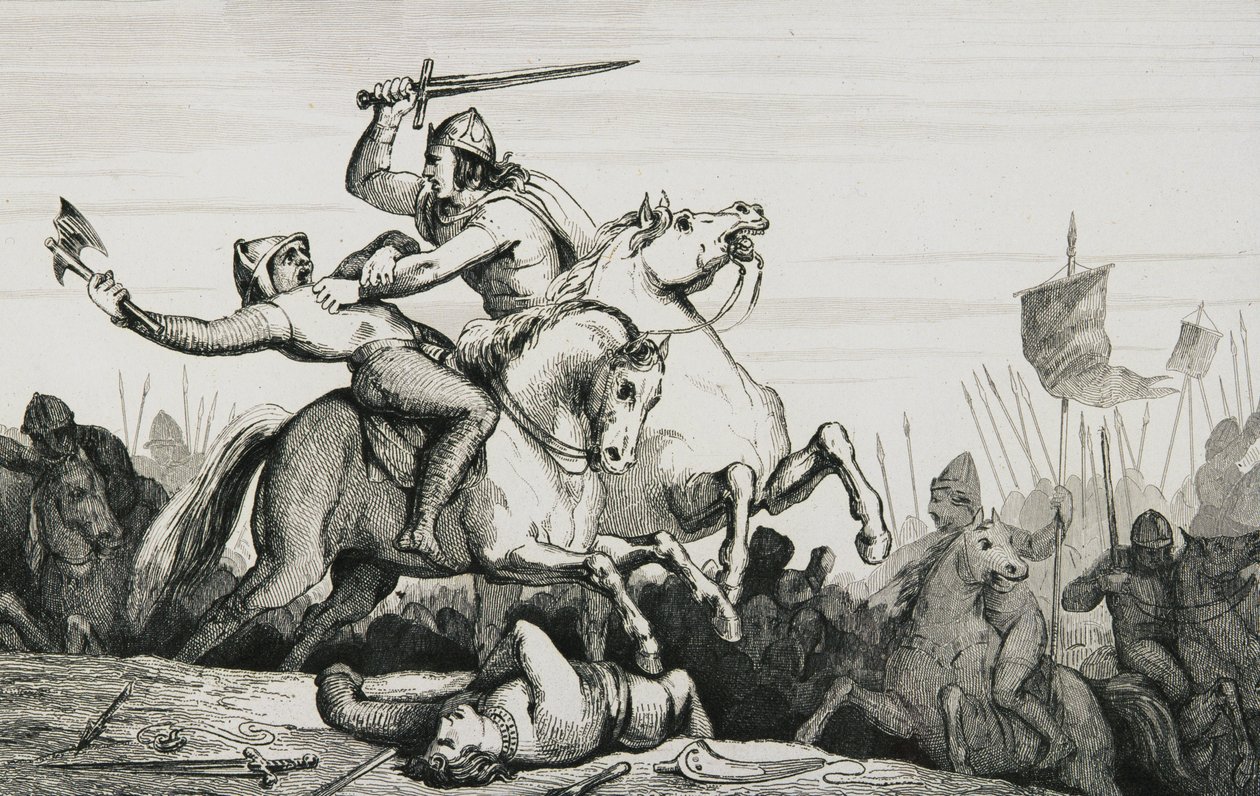 Eudes (860-98) na batalha contra os normandos, de &39;Histoire de France&39; por Colart, publicado c.1840 de French School