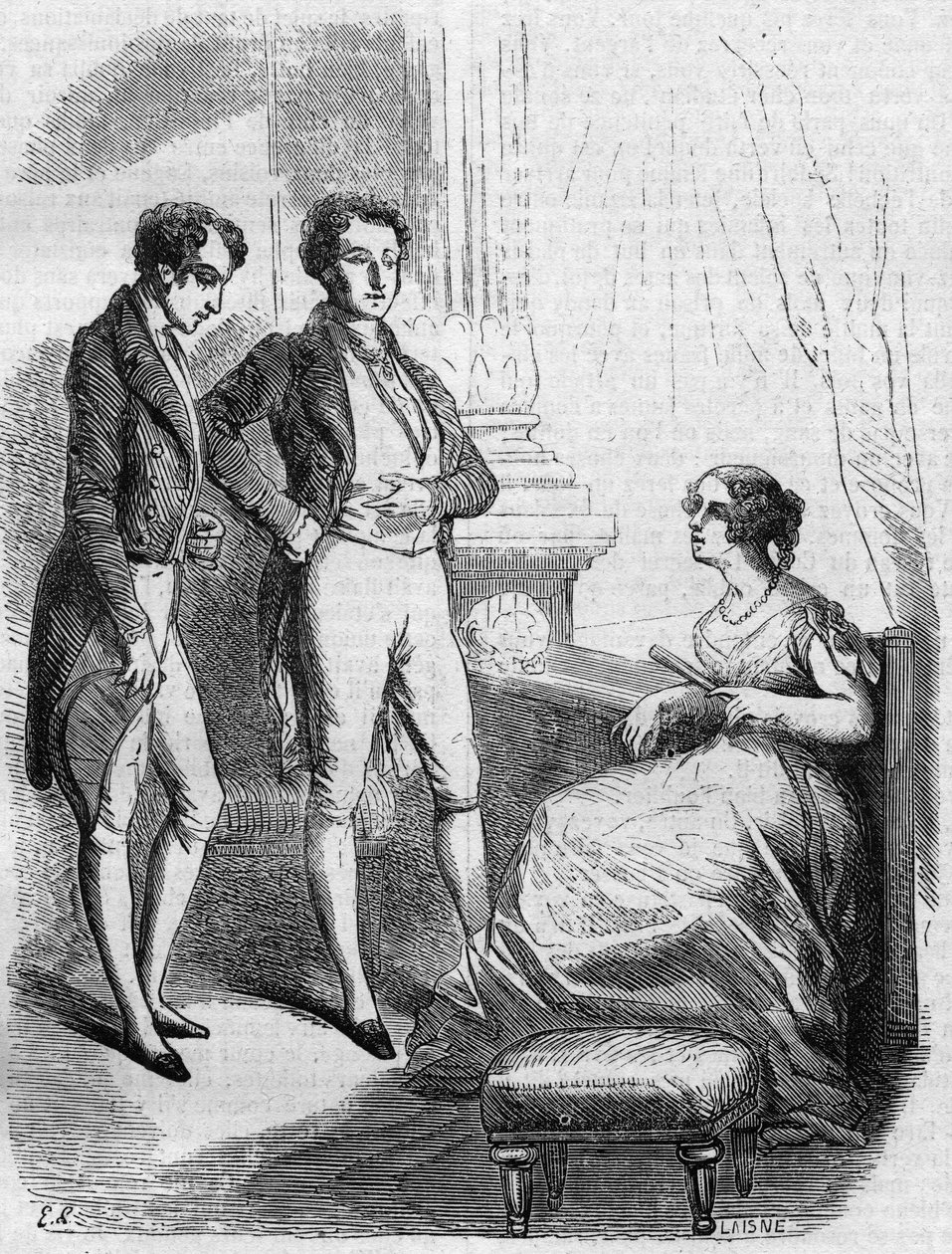 Eugene de Rastignac apresentado à Madame de Nucingen pelo Marquês de Adjuda. Gravura de meados do século XIX. Ilustração para "O Pai Goriot" de Honore de Balzac (1799-1850). de French School