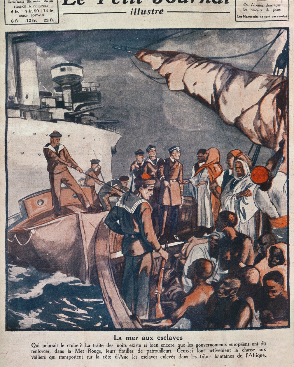 Navios patrulha europeus que intervêm com comerciantes de escravos no Mar Vermelho, cobertura do "Le Petit Parisien". de French School