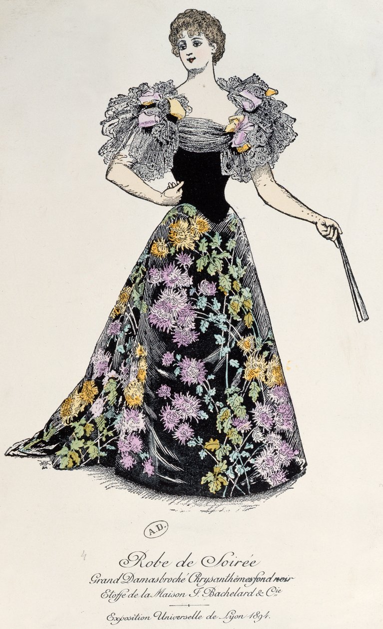 Vestido de noite em damasco com brocado de crisântemo em um fundo preto, 1894 de French School