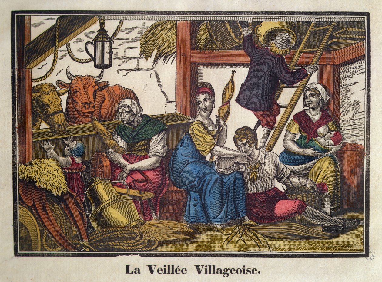 A vida noturna na aldeia, início do século XIX (cor litho) de French School