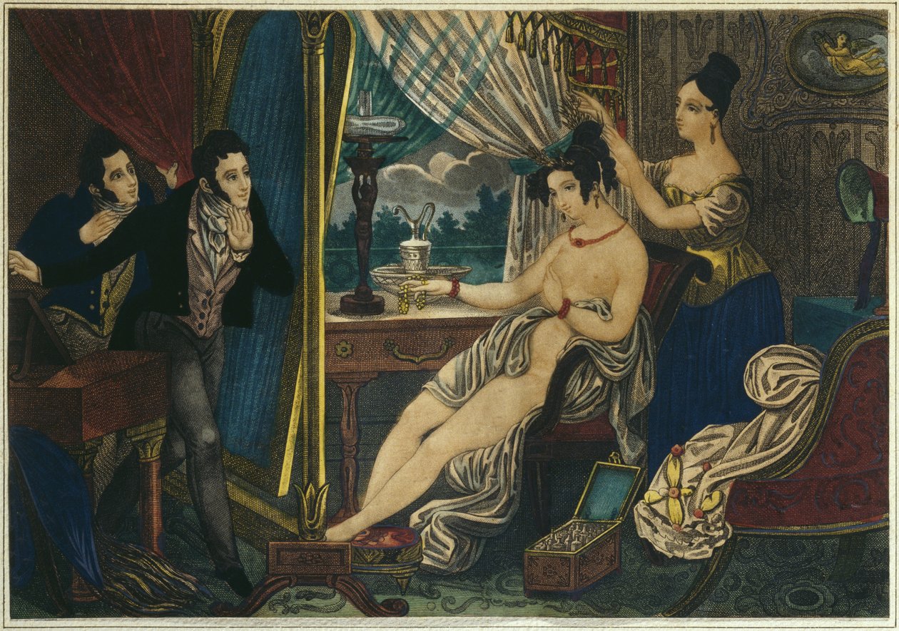Boa noite, a sanita antes do baile, início do século XIX (gravura a cores) de French School