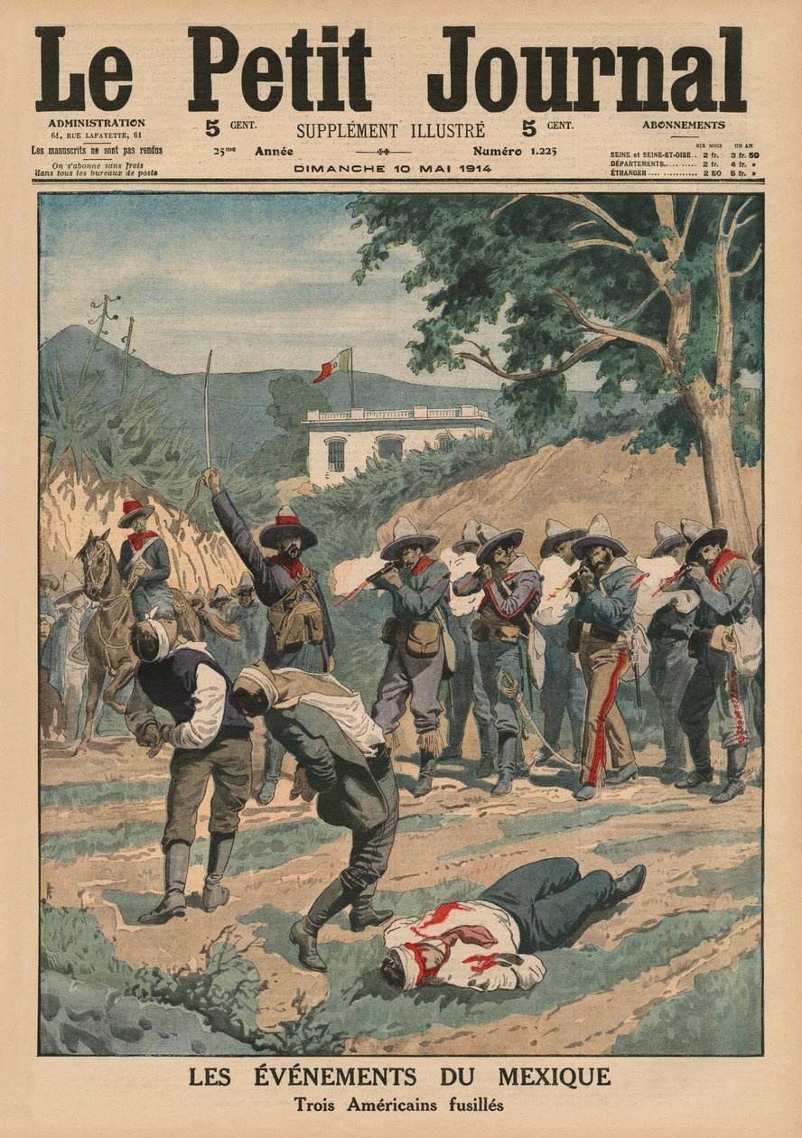 Eventos do México, filmando três americanos, ilustração da capa do &39;Le Petit Journal&39;, suplemento ilustre, 10 de maio de 1914 de French School