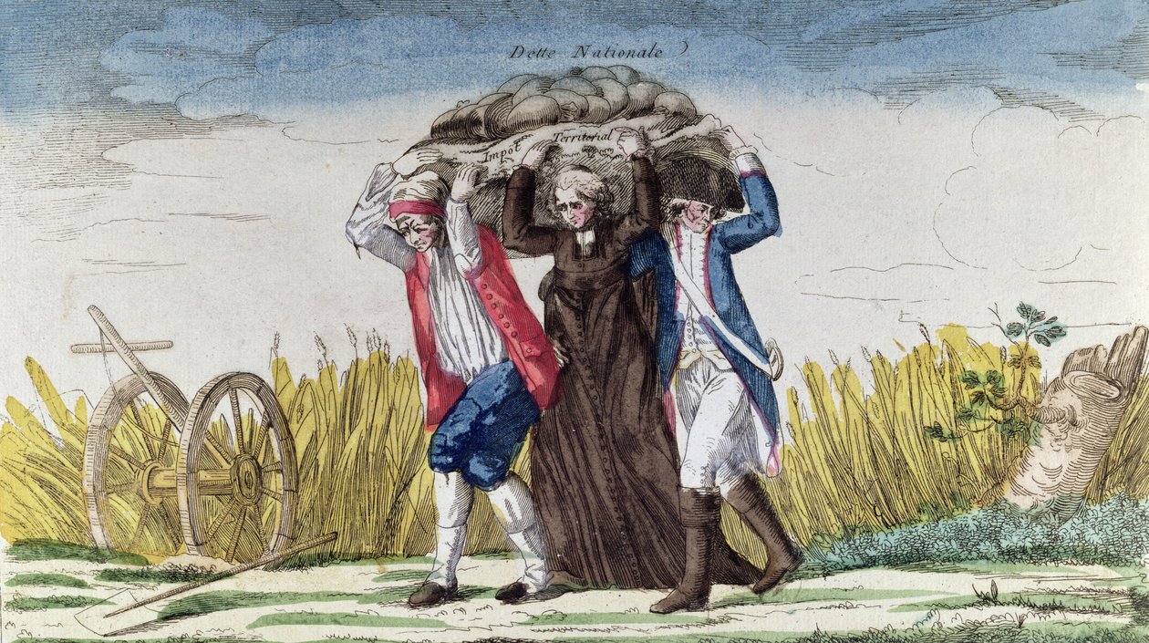 Todo mundo carrega o fardo de Impostos e Dívida Nacional, c.1789 (cor gravura) de French School