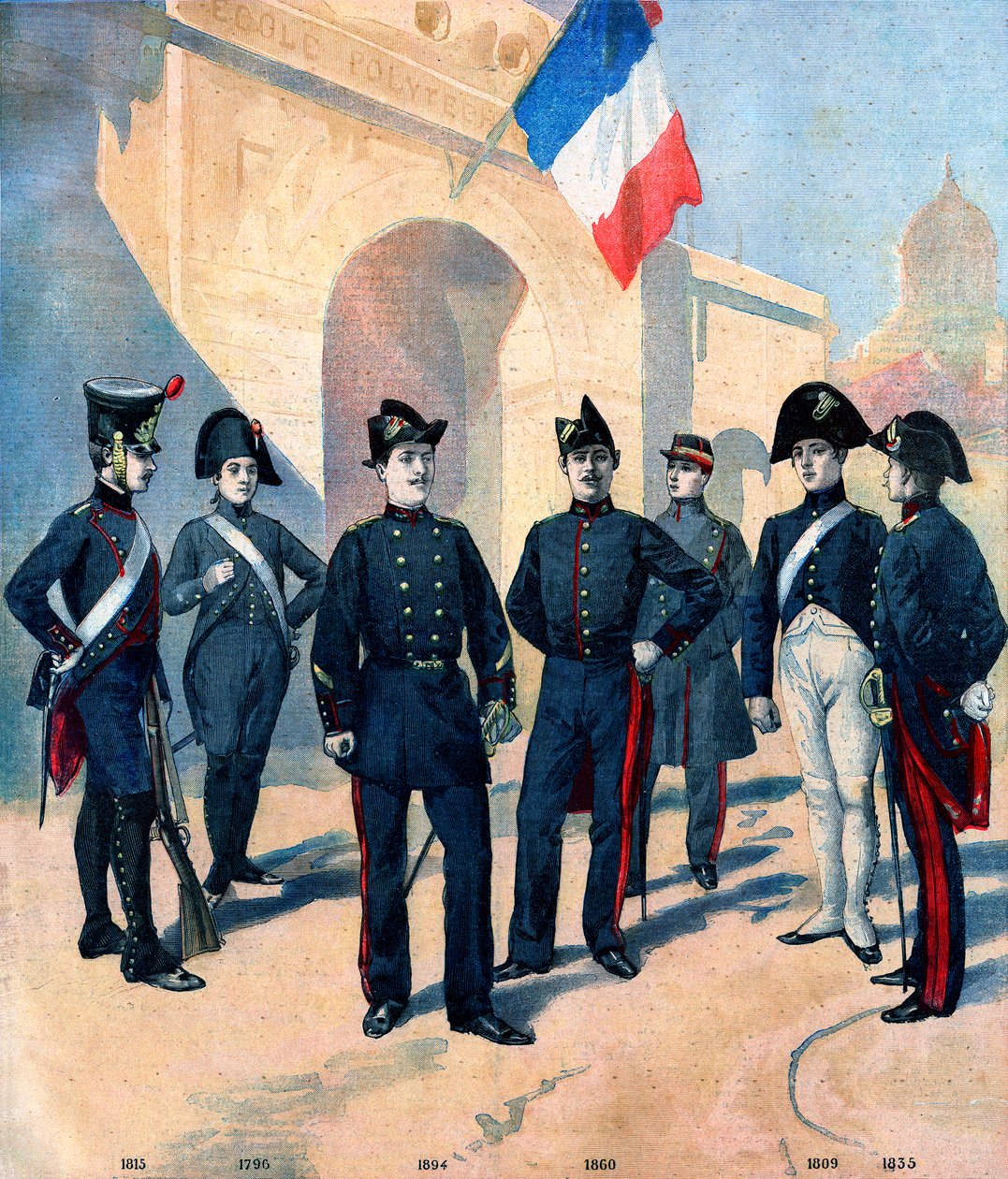 EvoLução do uniforme dos alunos da École Polytechnique de Paris e sua bicorne entre 1796 e 1894 de French School