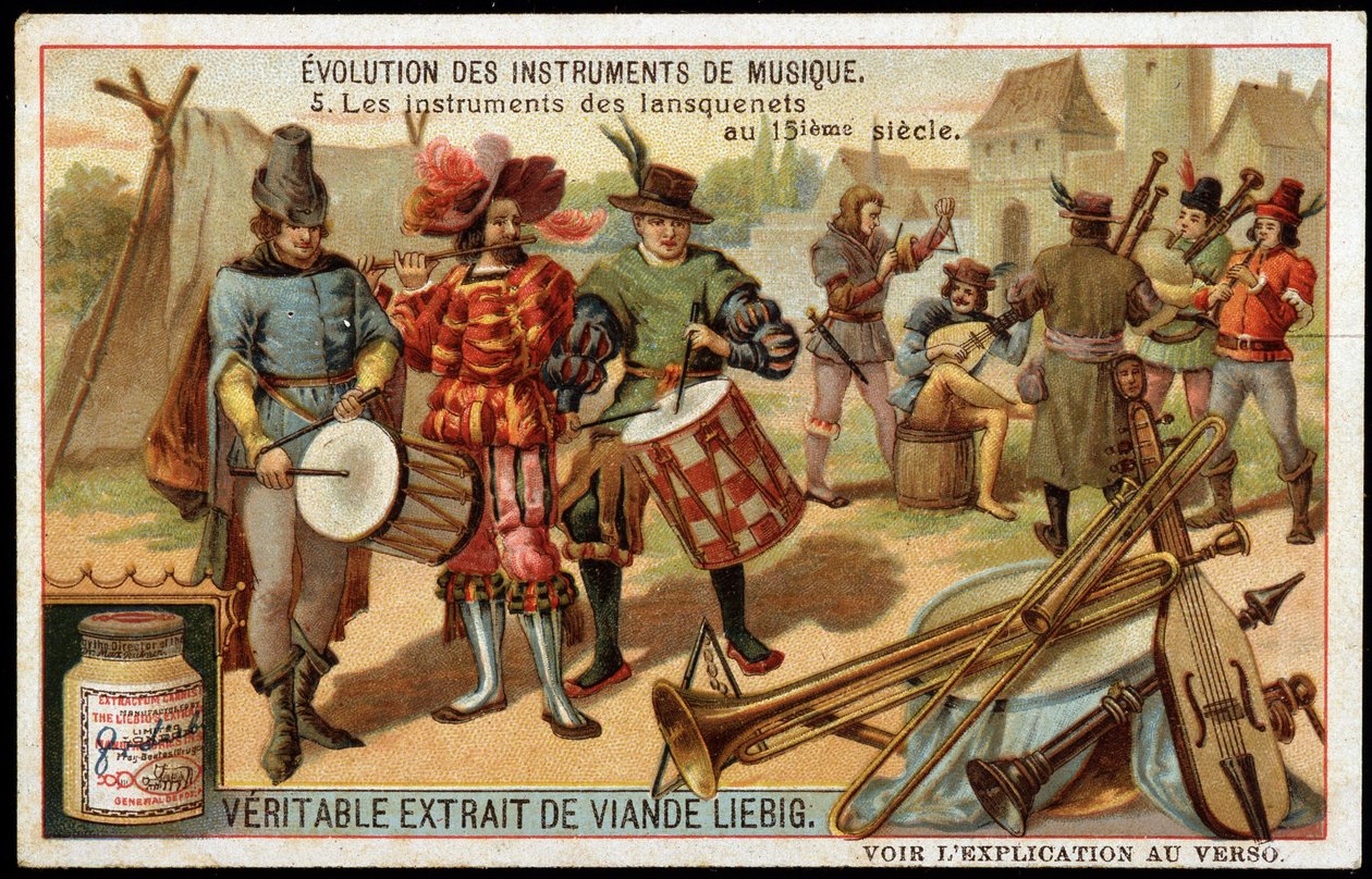 Evolução dos instrumentos musicais: Os instrumentos dos lansquenets no século XV. Tambor militar, flauta, triângulo, trompete, uma espécie de gaita de foles e outros instrumentos de corda. Cromolitografia de Liebig de finais do século XIX. de French School