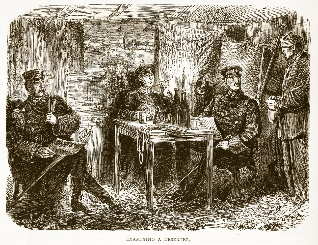 Examinando um desertor, ilustração de Cassells História da guerra entre a França e a Alemanha, 1870-1871 de French School