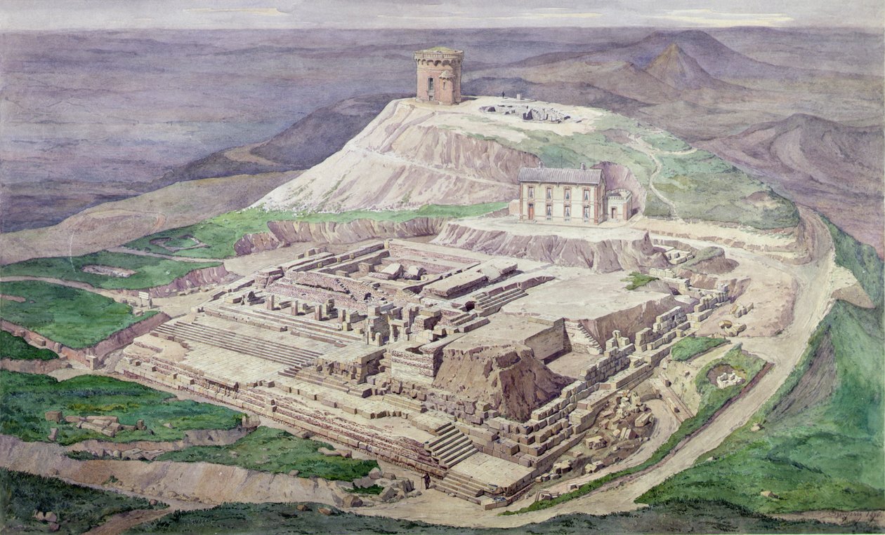 Escavação das ruínas do templo Galo-Romano de Mercúrio em 1876 (aguarela) de French School