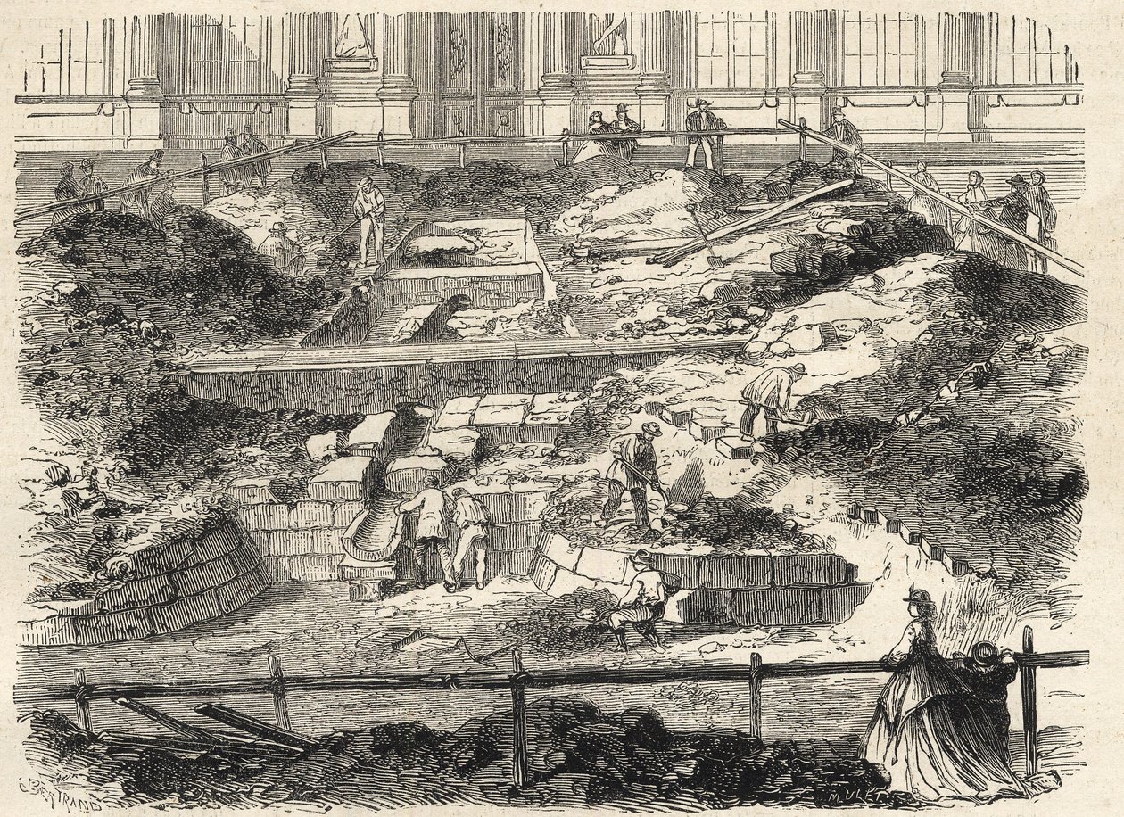 Escavações na Cour Carree du Louvre - Descoberta das fundações da antiga torre de Philippe Auguste - Escavações realizadas no pátio do Louvre - actualização das fundações da antiga Tour Philippe-Auguste - Gravura no "Le monde i de French School