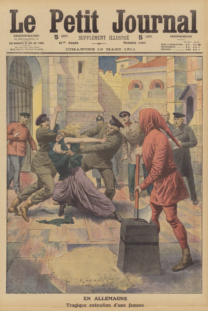 Execução de uma mulher na prisão de Insterburg, Alemanha (litografia a cores) de French School