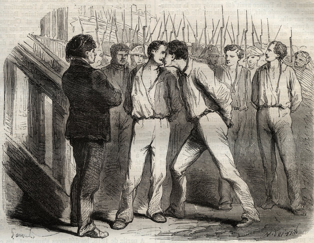 Execução dos quatro sargentos de La Rochelle a 21 de Setembro de 1822: Bories, Raoulx, Gaubin, Pommier - Raoulx, que iria passar o primeiro, pediu para abraçar os seus camaradas - Gravação em "Causes celebres de tous les peuples" por Armand Fouquier (1817- de French School