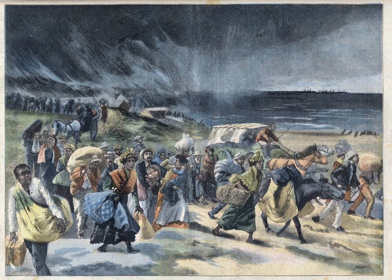 Exodus dos habitantes de Fort de France (Fort-de-France) após a erupção do vulcão de la Montagne Pelee, na Martinica. Gravura em "Le Petro Parisien" (O Petro Parisien) de French School