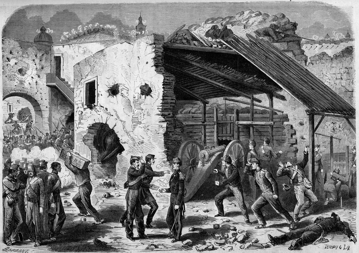 Expedição do México (1861-1867) - cerco de Puebla - 1863 : ataque de uma moldura (um bloco de casas) pelo exército francês. Uma vez dentro da cidade, os soldados franceses tiveram de lutar quarto a quarto. Gravação em "Le Monde I de French School