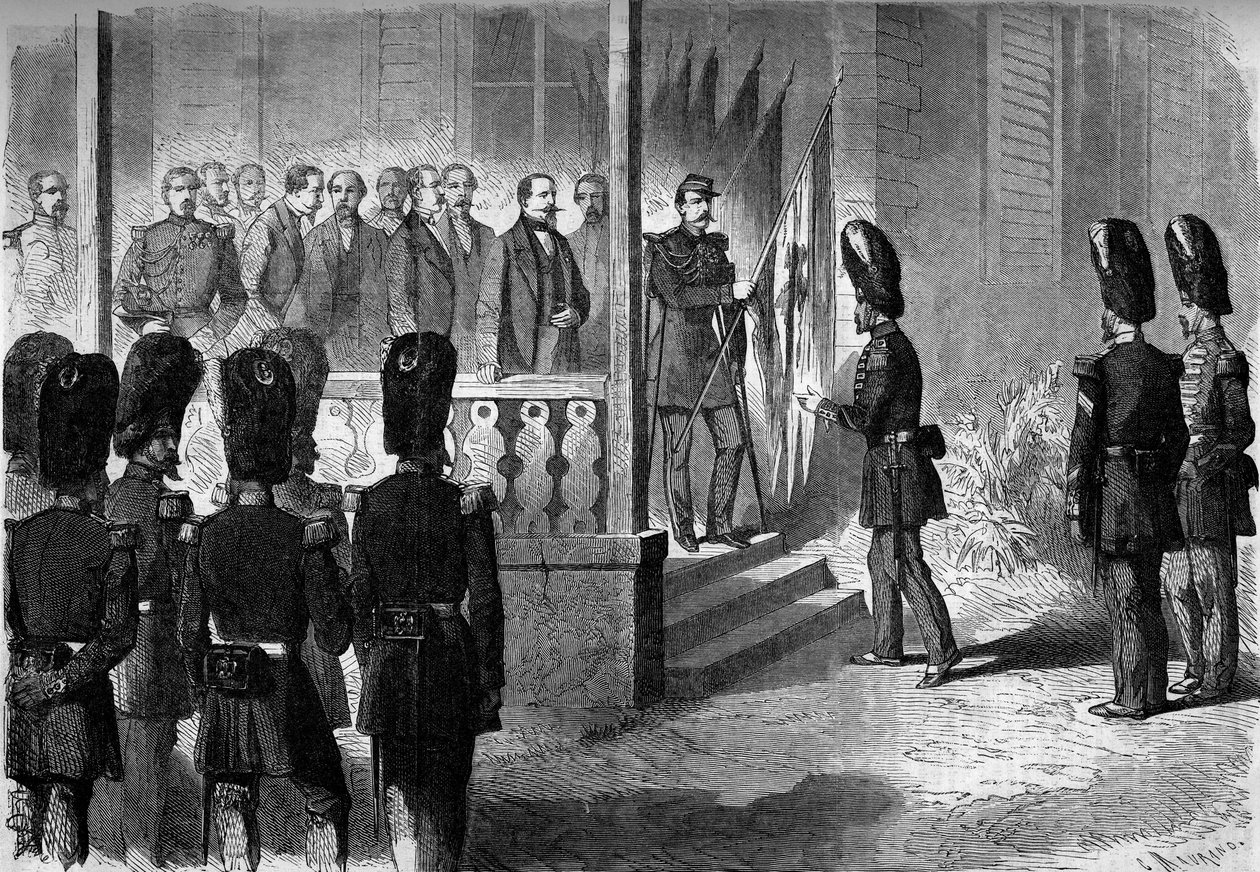 Expedição do México (1861-1867) : Napoleão III (1808-1873) entrega aos sargentos dos regimentos dos granadeiros da guarda as bandeiras tiradas pelo exército francês no México de French School
