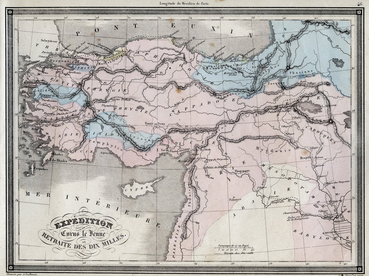 Expedição de Ciro Jovem (século V a.C.) e retirada das dez milhas - Placa extraída do "Atlas Universal da geografia antiga e moderna para escolas residenciais" por Vuillemin - ca. 1845 de French School