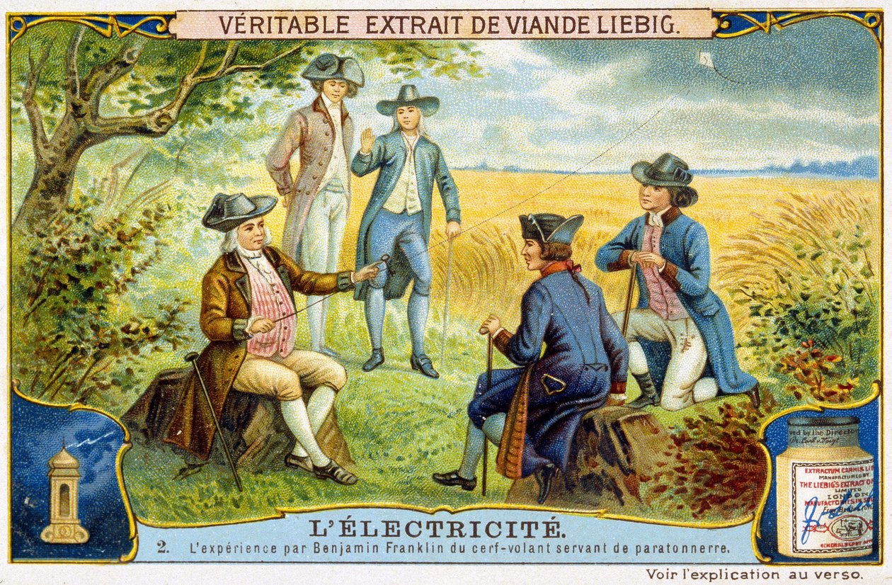 Experiência de Benjamin Franklin com veados voadores usados como pára-raios - Liebig adesivo publicitário de French School