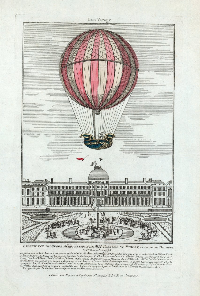 Experiência do globo aerostático da MM. Charles e Robert no Jardin des Thuileries em 1 de dezembro de 1783, pub. 1783 (gravura colorida à mão) de French School